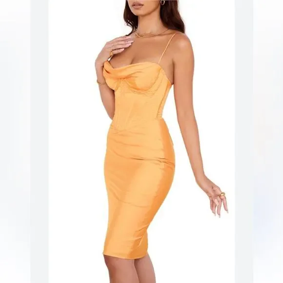 House of CB Myrna Tangerine Satin Corset Midi Dress Size XS NWT - Picture 2 of 16